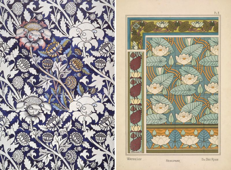 Images of William Morris design, arts and crafts movement and Maurice Pillard Verneuil design, Art Nouveau