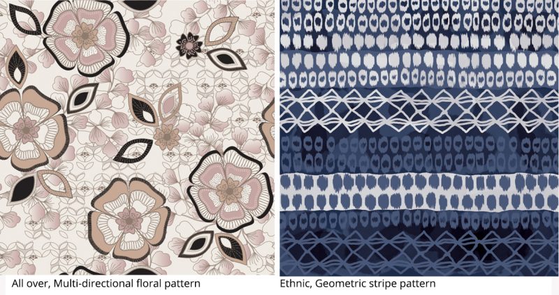 surface pattern repeat designs, ethnic geometric stripe pattern, all over multi-directional floral pattern repeat