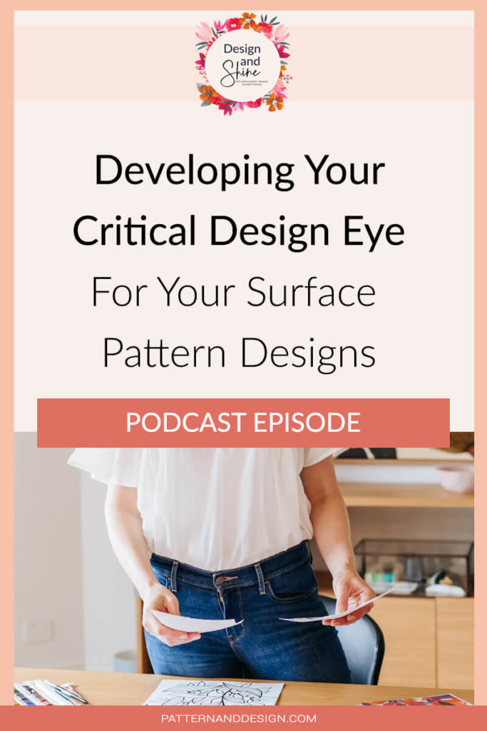 Title of podcast episode. Developing your critical design eye. Girl standing looking at artwork